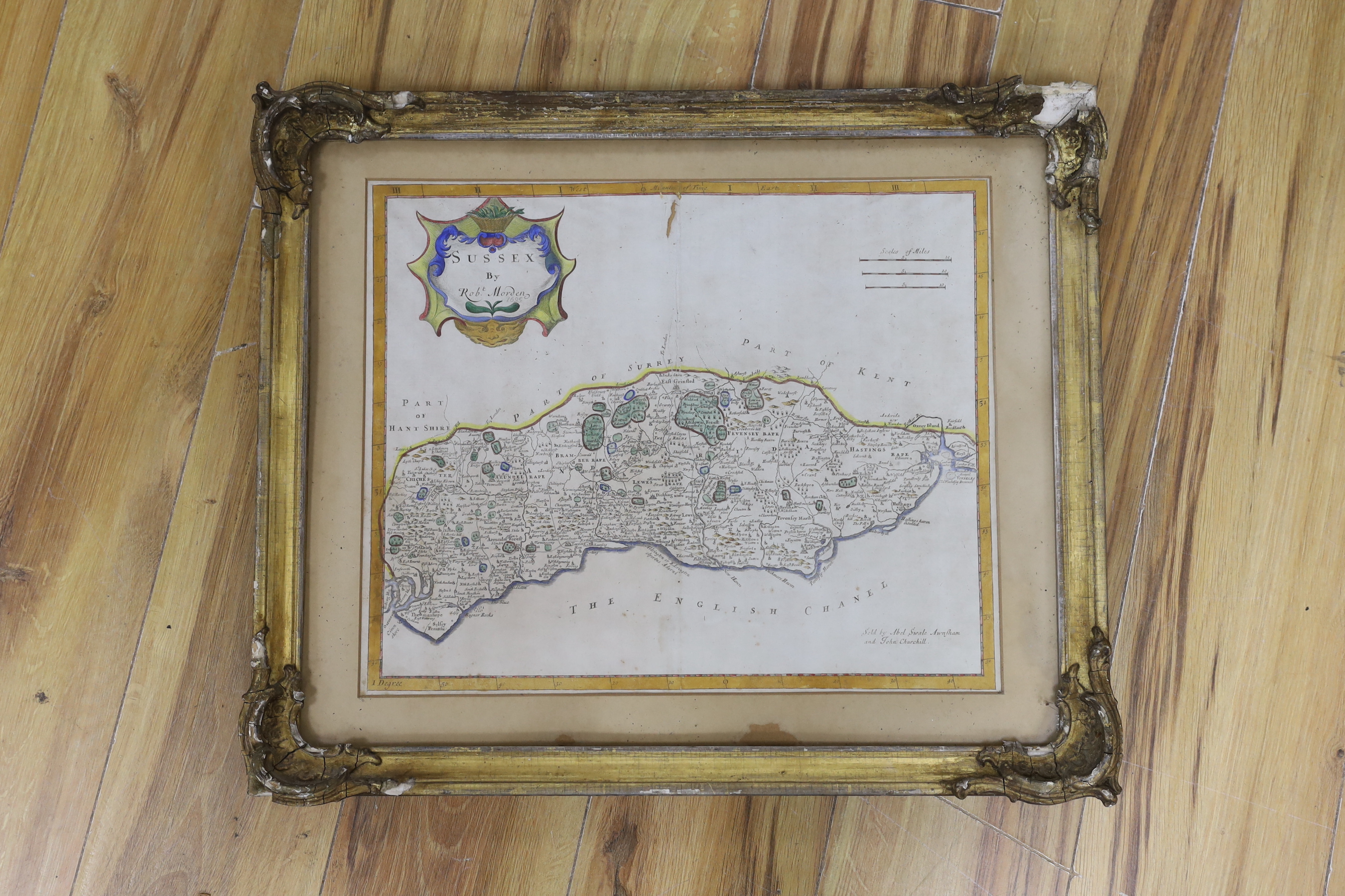 Robert Morden, coloured engraving, Map of Sussex, 34 x 42cm